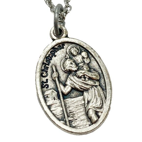 Vintage St. Christopher Medal Necklace Catholic Saint Travelers Jesus Italy 18" - Picture 1 of 9